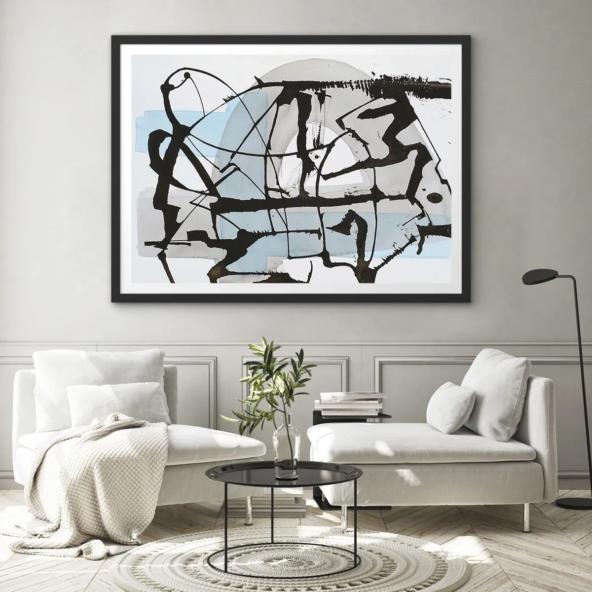 Plakat w czarnej ramie - Abstrakcyjne linie i kształty w błękicie i czerni - 70x50cm - Mimo wszystko błękitny - Nowoczesna dekoracja ścienna do salonu i sypialni ARTTOR