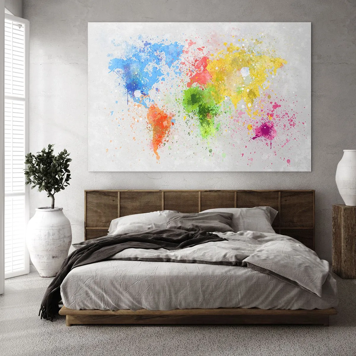 Obraz na szkle - Mapa świata w kolorowych plamach farby - 70x50cm - Wszystkie barwy świata - Nowoczesna dekoracja ścienna do salonu i sypialni ARTTOR