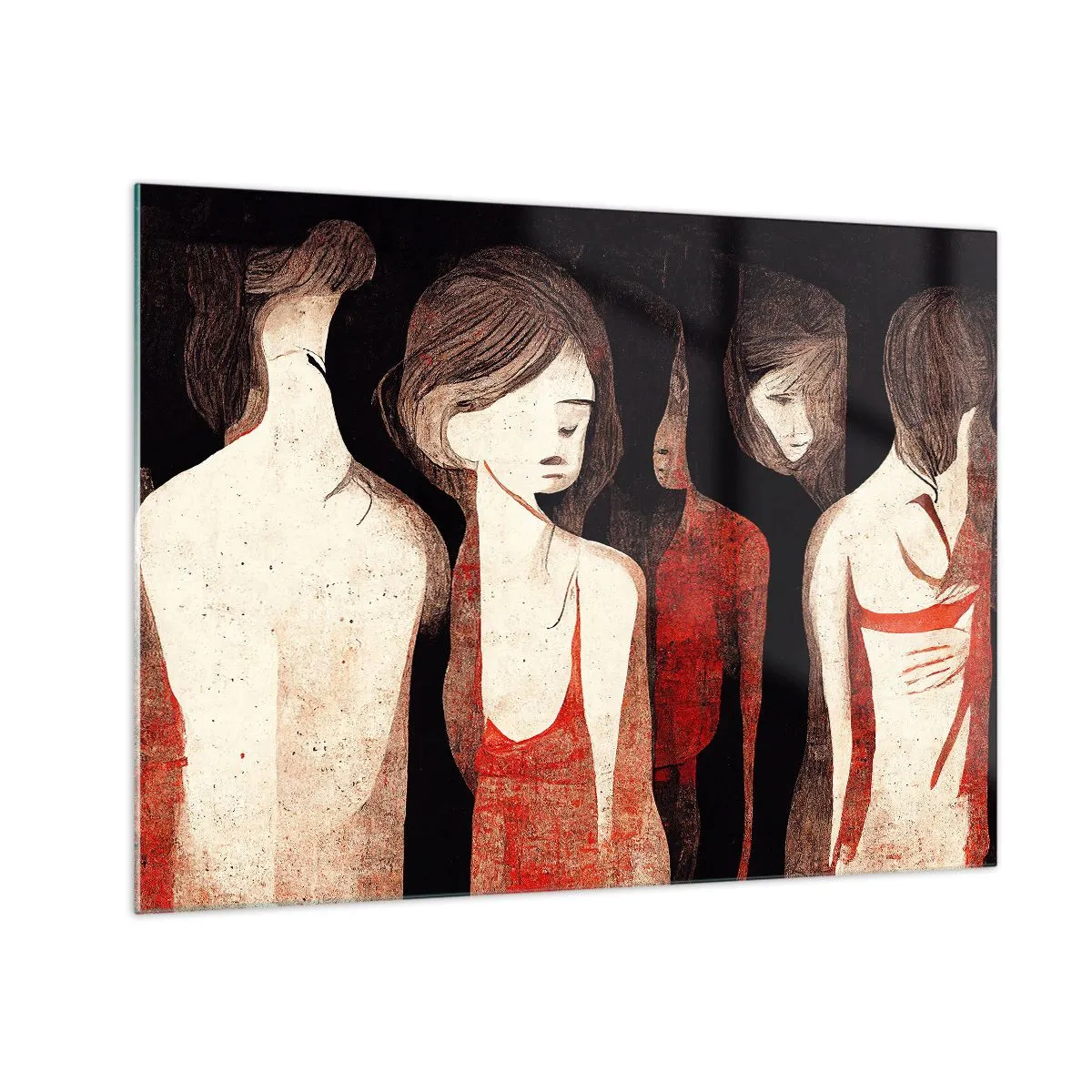Obraz na szkle - Abstrakcyjne kobiece sylwetki w czerwieni na czarnym tle - 70x50cm - Madonny z ciemności - Nowoczesna dekoracja ścienna do salonu i sypialni ARTTOR