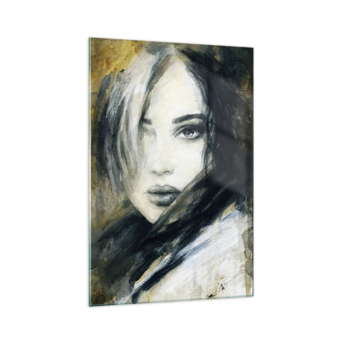 Obraz na szkle - Portret kobiety na tle abstrakcyjnych plam w odcieniach beżu - 70x100cm - bardziej niewinna czy zmysłowa? - Nowoczesna dekoracja ścienna do salonu i sypialni ARTTOR