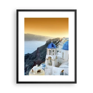 Plakat w czarnej ramie - Santorini - przytulone do skał - 40x50 cm