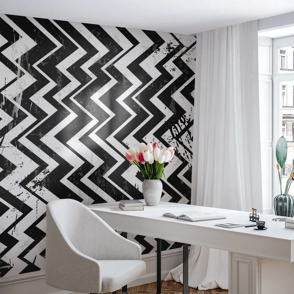 Fototapeta Premium Sand - Czarno-biały wzór w zygzaki z efektem przetarcia - 100x70cm - Zyg-białe, zag-czarne - Nowoczesna dekoracja ścienna do salonu, kuchni i sypialni ARTTOR