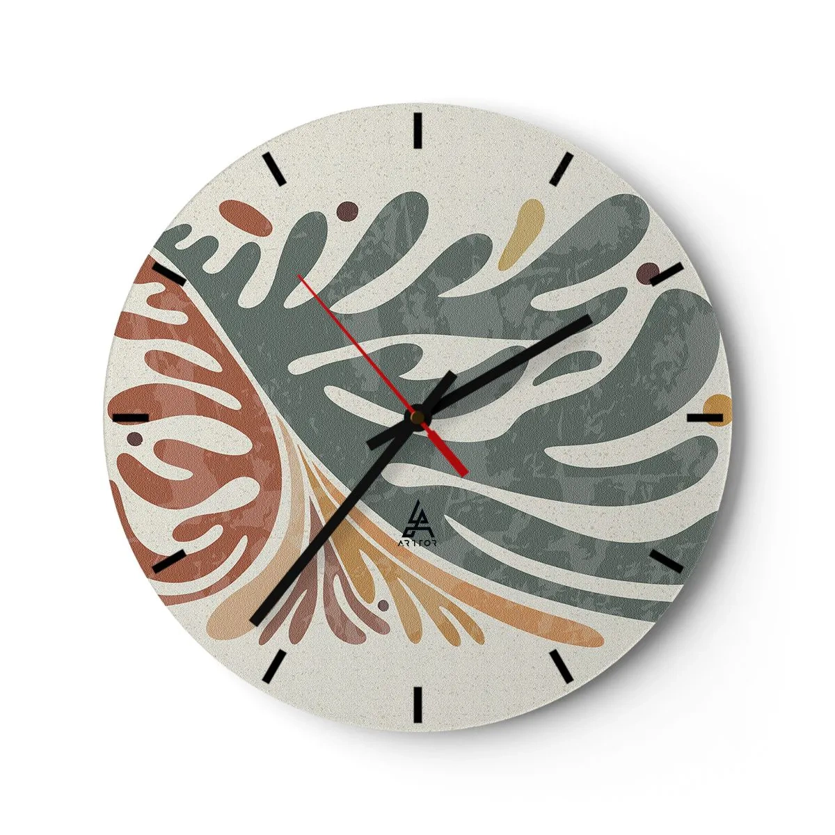 Zegar ścienny - Organiczne kształty w kolorach zieleni i rdzy - 30x30cm - Wielobarwny liść - Nowoczesna dekoracja ścienna do salonu, kuchni i sypialni ARTTOR