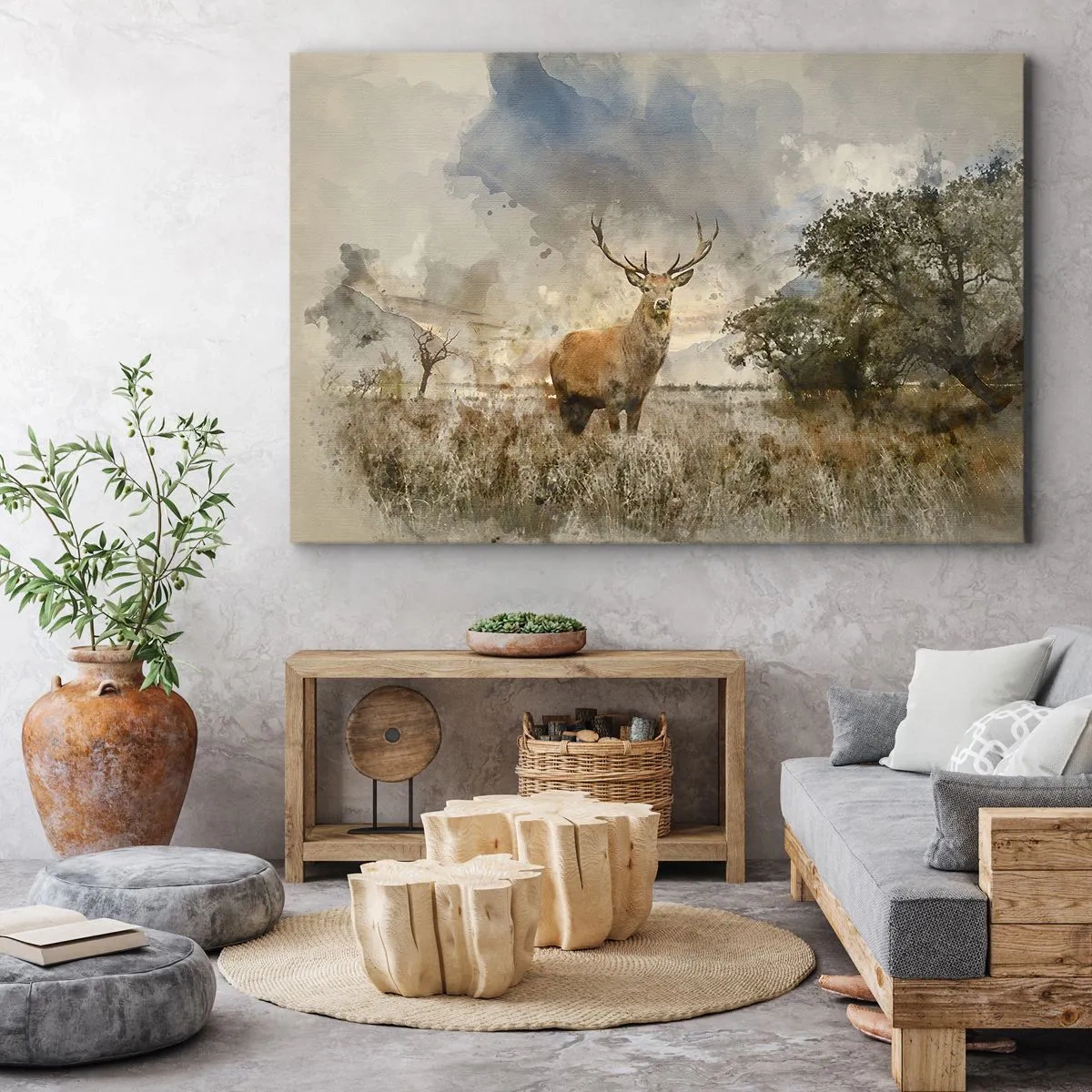 Obraz na płótnie - Jeleń w naturalnym otoczeniu w akwarelowym stylu - 70x50cm - Godność - siła - dostojeństwo - Nowoczesna dekoracja ścienna do salonu i sypialni ARTTOR