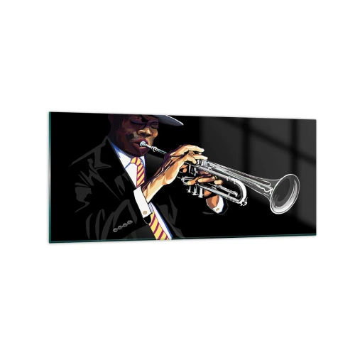 Obraz na szkle - Muzyk grający na trąbce na czarnym tle - 120x50cm - Czar starej szkoły - Nowoczesna dekoracja ścienna do salonu i sypialni ARTTOR