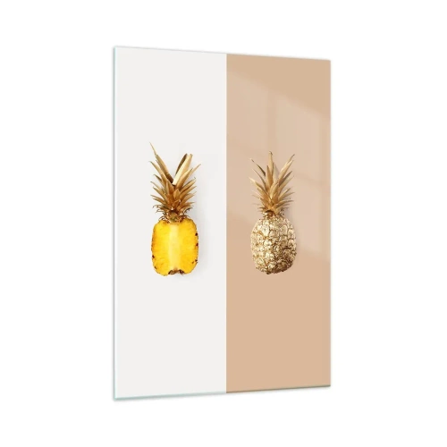 Obraz na szkle - Połówka świeżego i złotego ananasa na kontrastowym tle - 70x100cm - Ananas dla nas - Nowoczesna dekoracja ścienna do salonu i sypialni ARTTOR