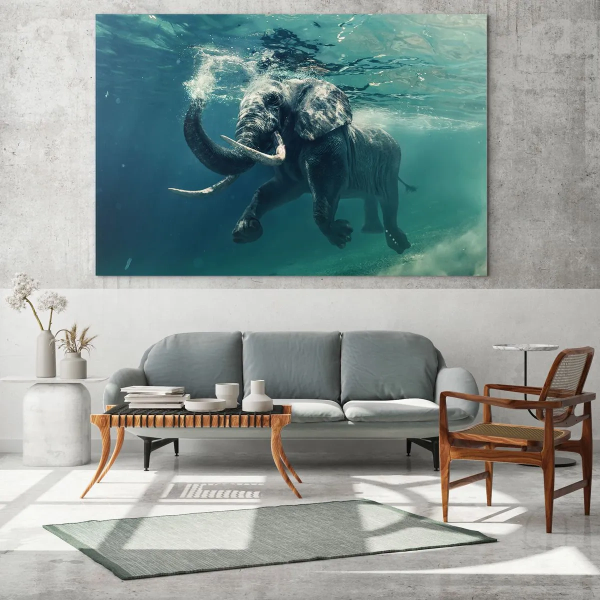 Obraz na szkle - Słoń pływający pod wodą w błękitnym oceanie - 70x50cm - Wszyscy lubią pływać - Nowoczesna dekoracja ścienna do salonu i sypialni ARTTOR