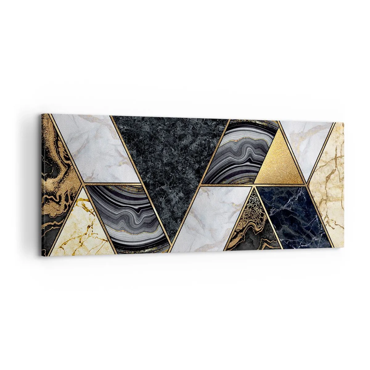 Obraz na płótnie - Geometryczne trójkąty w złocie, marmurze i ciemnych odcieniach - 120x50cm - Kamień przy kamieniu - Nowoczesna dekoracja ścienna do salonu i sypialni ARTTOR