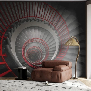Fototapeta Premium Canvas - Spiralne schody z czerwonymi poręczami w dynamicznej perspektywie - 100x70cm - Zabawy architektury - Nowoczesna dekoracja ścienna do salonu i sypialni ARTTOR