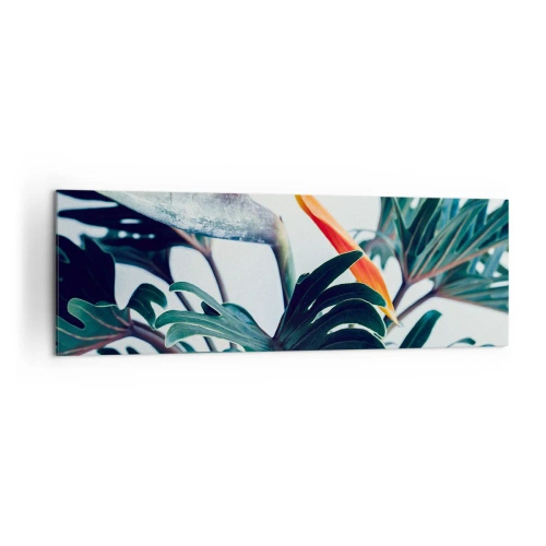 Obraz na płótnie - Kwiat strelicji w otoczeniu liści w jasnym świetle - 160x50cm - Ptakokrzak - Nowoczesna dekoracja ścienna do salonu i sypialni ARTTOR
