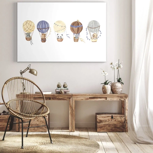 Obraz na płótnie - Przyjaciele w podróży - Urocze zwierzęta w balonach na białym tle - 70x50cm