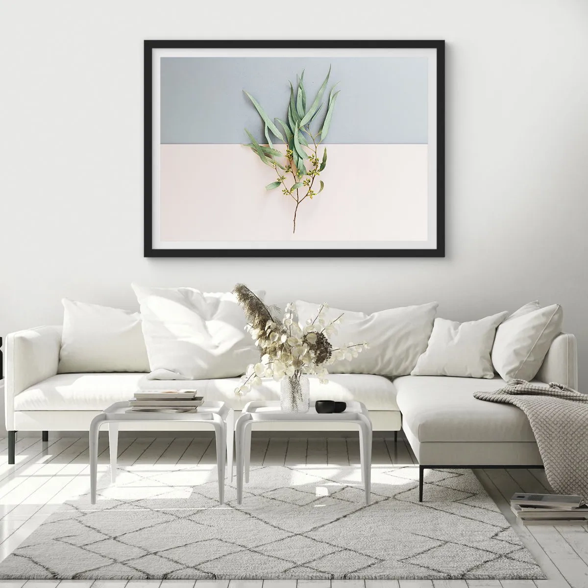 Plakat w czarnej ramie - Gałązka z liśćmi na tle pastelowych odcieni - 70x50cm - Pastelowa subtelność - Nowoczesna dekoracja ścienna do salonu i sypialni ARTTOR