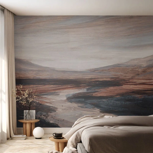 Fototapeta Premium Sand - Malarska dolina z rzeką w odcieniach brązu i błękitu - 100x70cm -  Spokojna dolina - Nowoczesna dekoracja ścienna do salonu, kuchni i sypialni ARTTOR