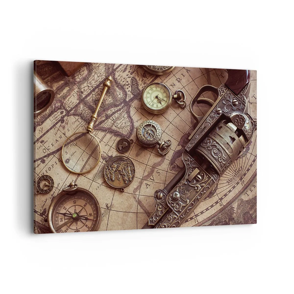 Obraz na płótnie - Zabytkowe przedmioty na starej mapie w retro stylu - 120x80cm - Przygoda wzywa - Nowoczesna dekoracja ścienna do salonu, kuchni i sypialni ARTTOR