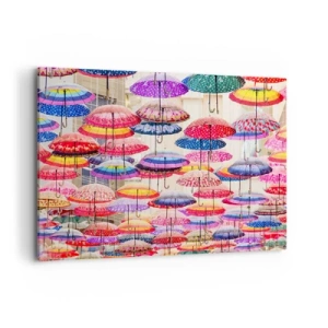 Obraz na płótnie - Kolorowe parasole zawieszone w powietrzu - 100x70cm - Miejska łąka - Nowoczesna dekoracja ścienna do salonu, kuchni i sypialni ARTTOR