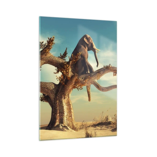 Obraz na szkle - Słoń siedzący na drzewie na pustynnym tle - 50x70cm - Nowy punkt widzenia - Nowoczesna dekoracja ścienna do salonu, kuchni i sypialni ARTTOR