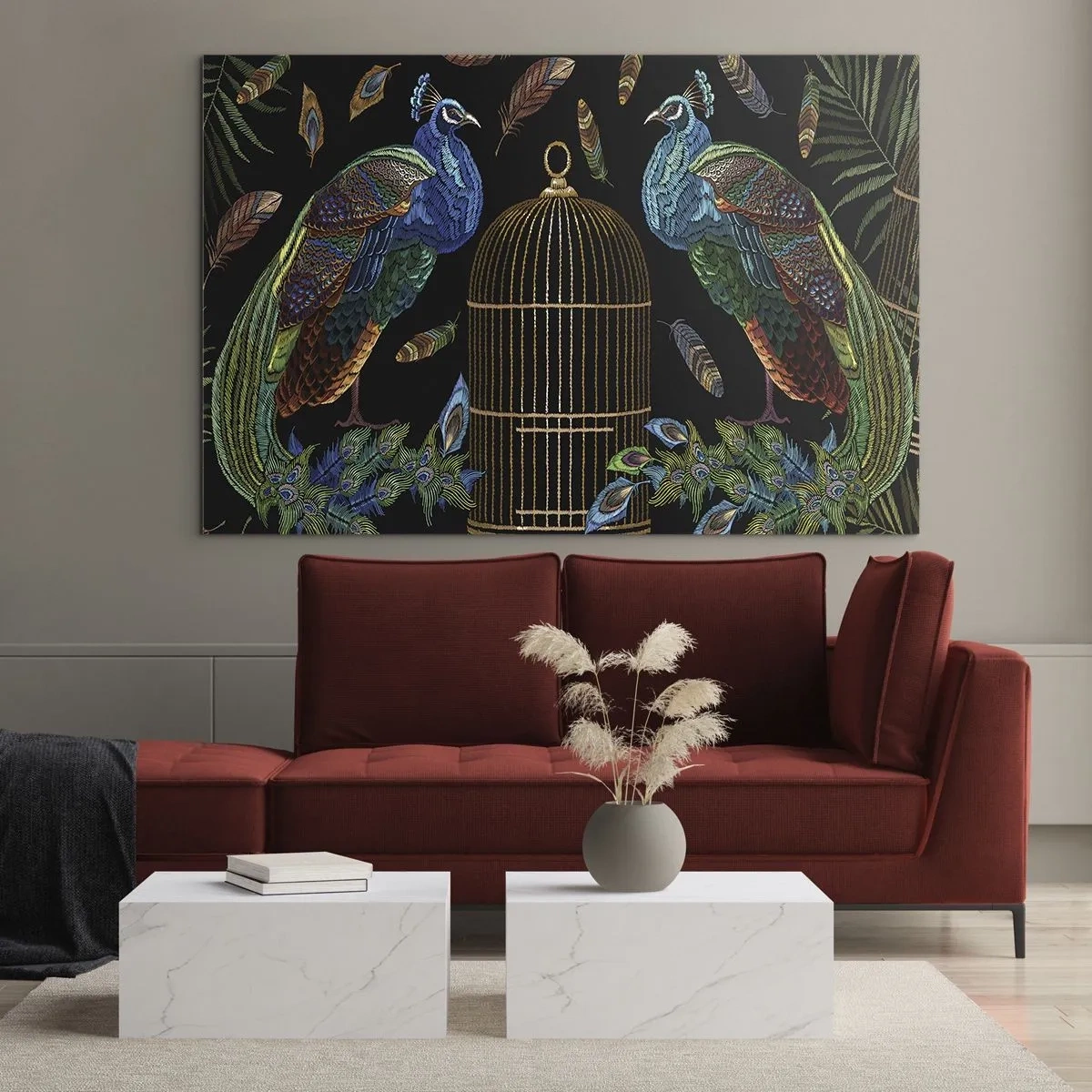 Obraz na szkle - Kolorowe pawie i klatka na czarnym tle - 100x70cm - W królewskich szatach - Nowoczesna dekoracja ścienna do salonu, kuchni i sypialni ARTTOR