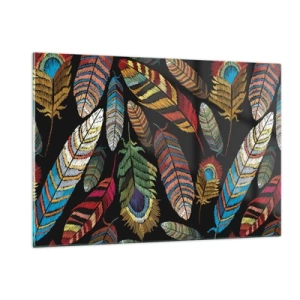 Obraz na szkle - Kolorowe pióra na ciemnym tle w artystycznym wzorze - 120x80cm - Ptasi karnawał - Nowoczesna dekoracja ścienna do salonu, kuchni i sypialni ARTTOR