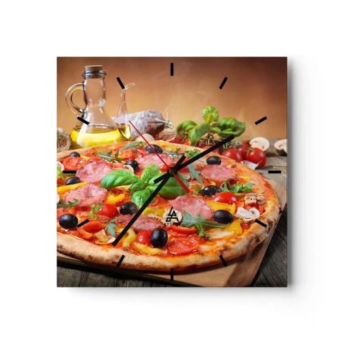 Zegar ścienny - Apetyczna pizza na drewnianym stole z dodatkami - 30x30cm - Z prawdziwie włoskim smakiem - Nowoczesna dekoracja ścienna do salonu i sypialni ARTTOR