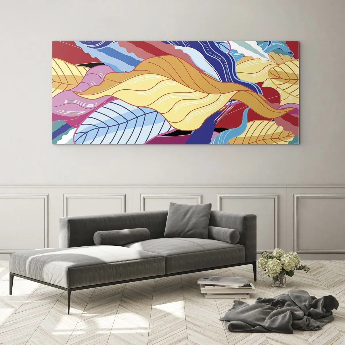 Obraz na szkle - Barwne liście w żywych kolorach tworzące dynamiczną kompozycję - 120x50cm - Kolorowy bałagan - Nowoczesna dekoracja ścienna do salonu i sypialni ARTTOR