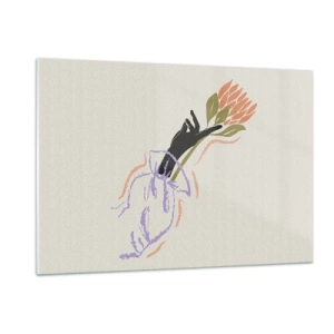 Obraz na szkle - Stylizowana dłoń z bukietem kwiatów narysowana pastelowymi liniami - 120x80cm - Siostrzany dotyk - Nowoczesna dekoracja ścienna do salonu, kuchni i sypialni ARTTOR