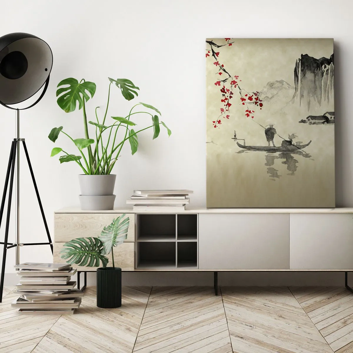 Obraz na płótnie - Tradycyjna chińska akwarela z łodzią na jeziorze i kwiatami wiśni - 50x70cm - W kraju kwitnącej wiśni - Nowoczesna dekoracja ścienna do salonu, kuchni i sypialni ARTTOR
