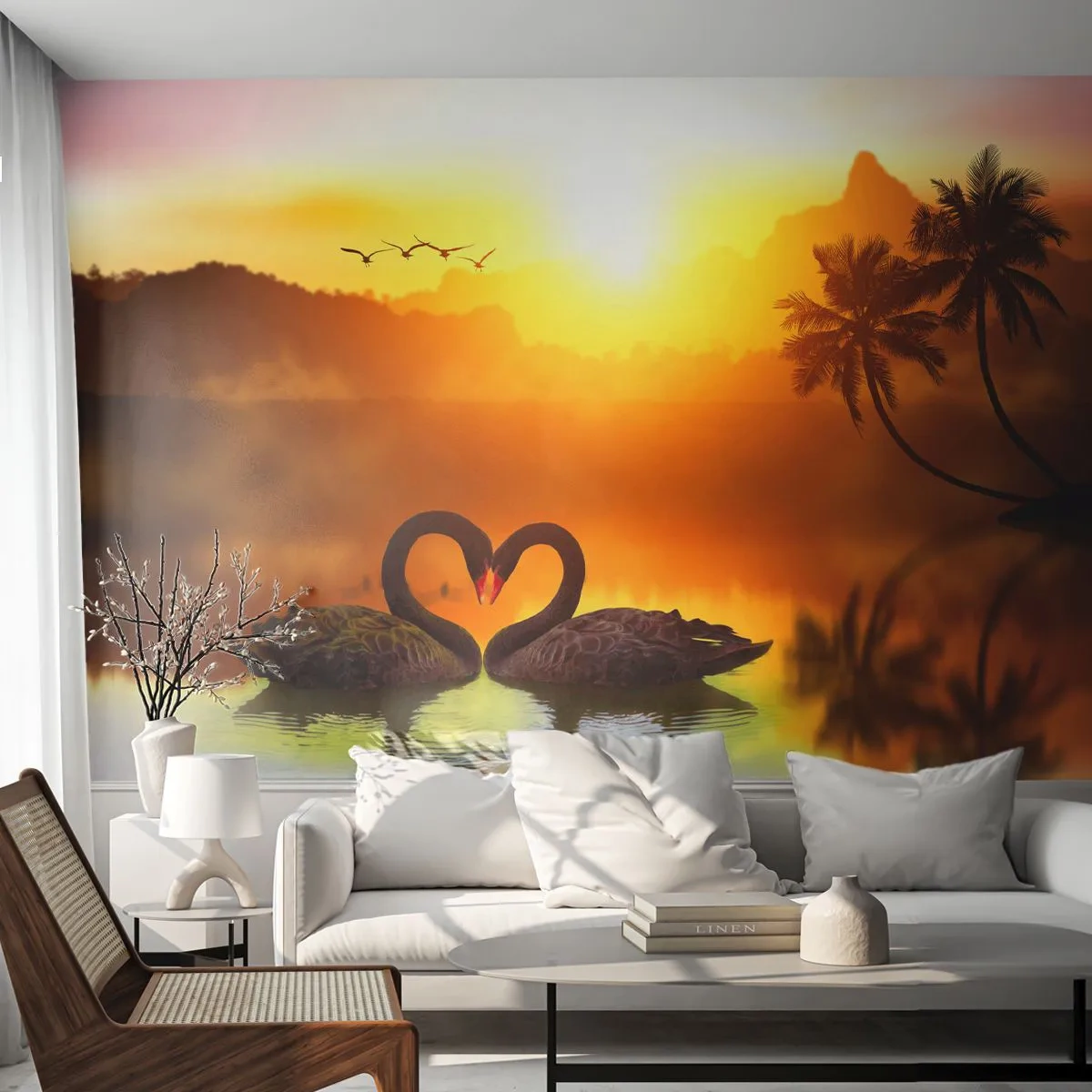 Fototapeta Premium Sand - Czarne łabędzie na jeziorze o zachodzie słońca - 100x70cm - Wszystko do pary - Nowoczesna dekoracja ścienna do salonu, kuchni i sypialni ARTTOR