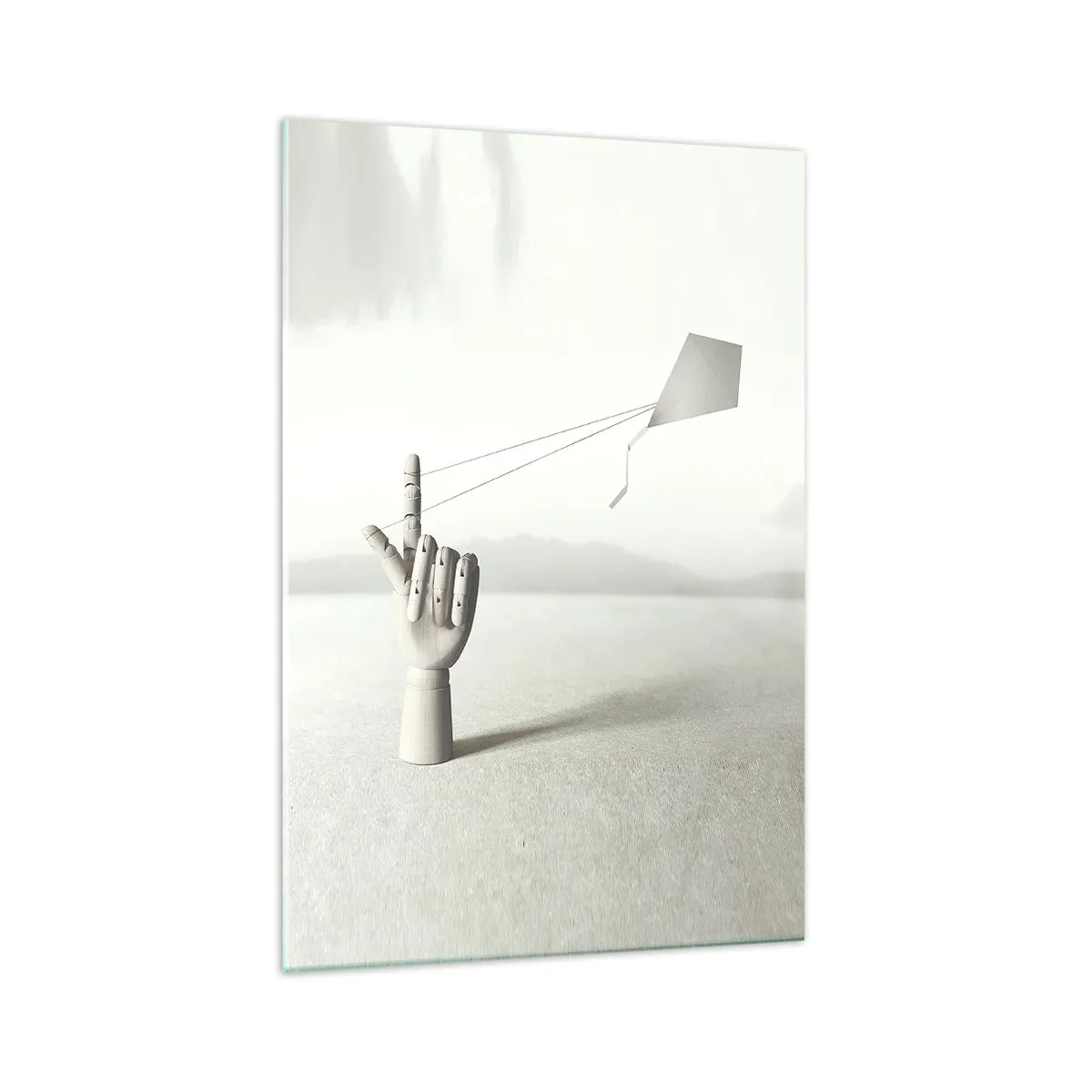 Obraz na szkle - Minimalistyczna ręka drewniana z latawcem na tle pejzażu - 70x100cm - Próba sił - Nowoczesna dekoracja ścienna do salonu i sypialni ARTTOR