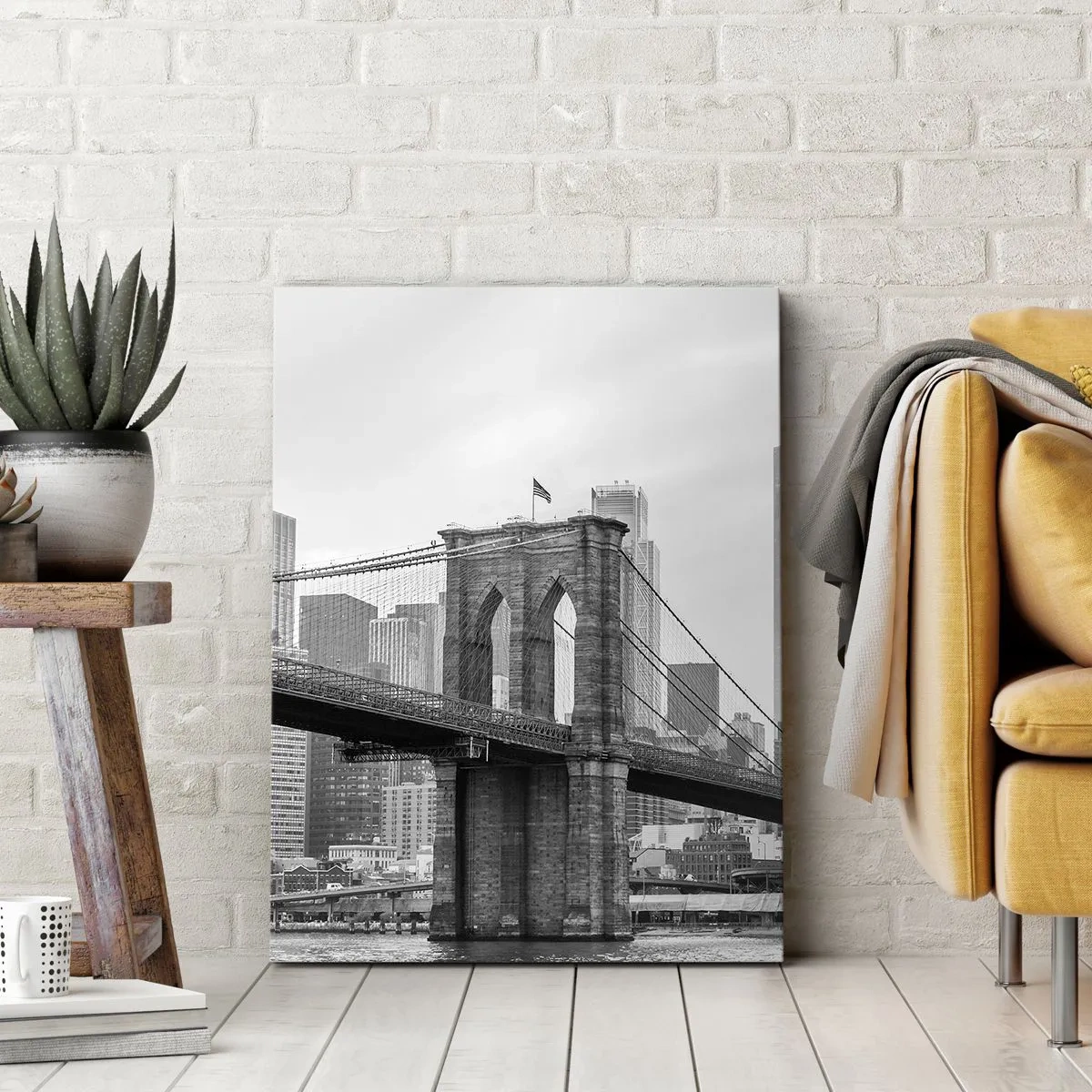 Obraz na płótnie - Most Brookliński na tle panoramy Nowego Jorku w czerni i bieli - 50x70cm - Nowojorskie klimaty - Nowoczesna dekoracja ścienna do salonu, kuchni i sypialni ARTTOR