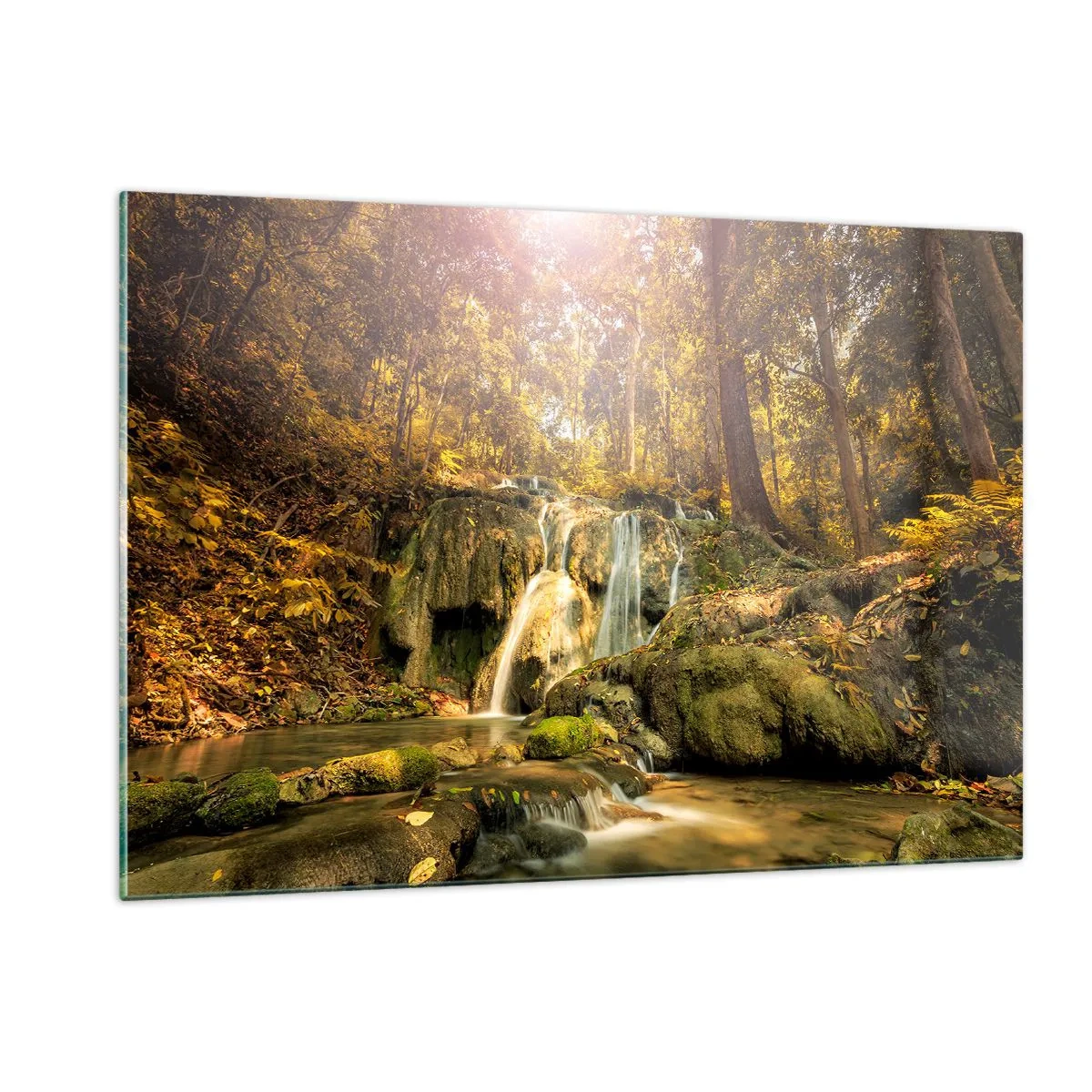 Obraz na szkle - Leśna kaskada w zieleni - 120x80cm - Leśna kaskada w zieleni - Nowoczesna dekoracja ścienna do salonu, kuchni i sypialni ARTTOR