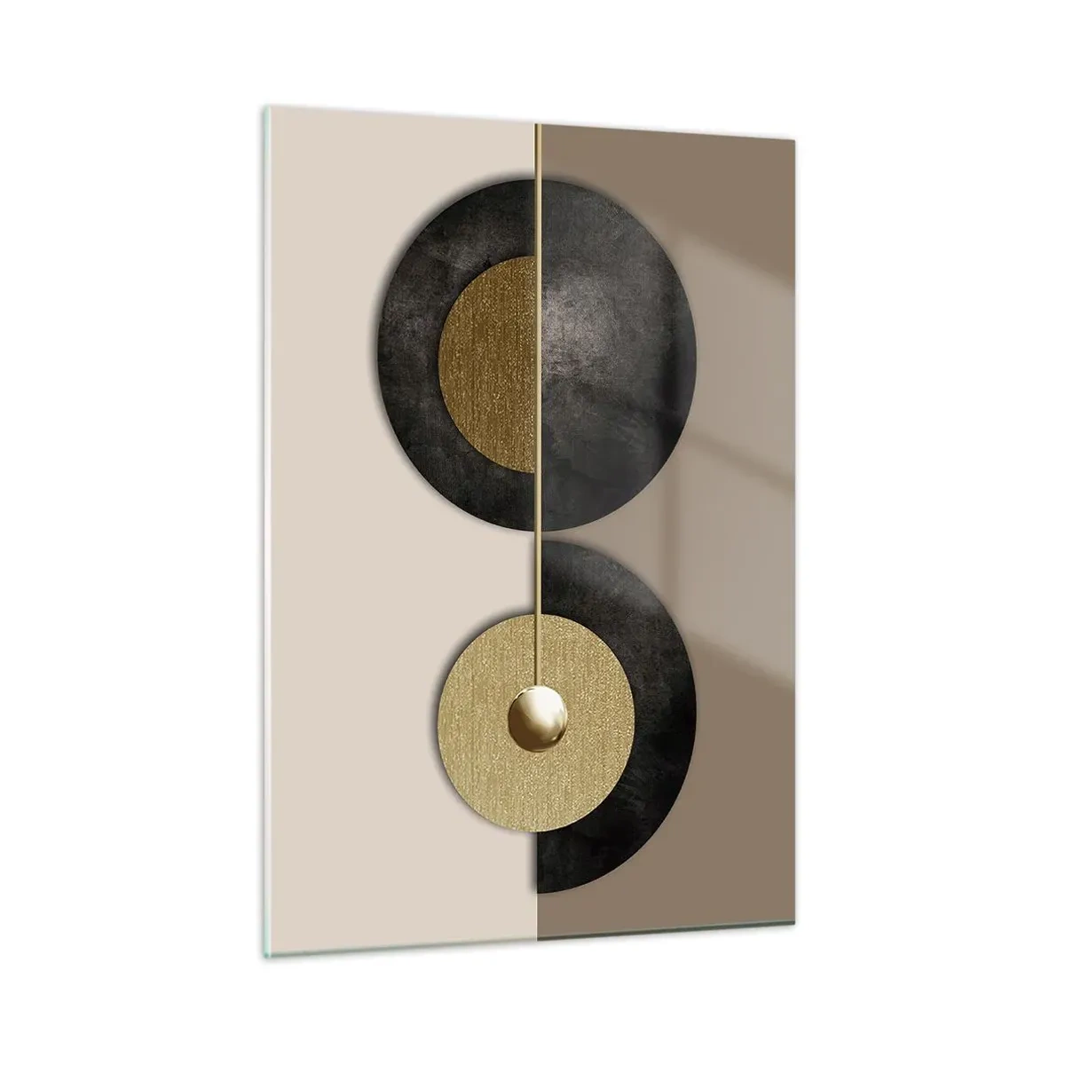 Obraz na szkle - Geometryczne koła w złocie i czerni na beżowym tle - 50x70cm - Wariacje wokół koła - Nowoczesna dekoracja ścienna do salonu, kuchni i sypialni ARTTOR