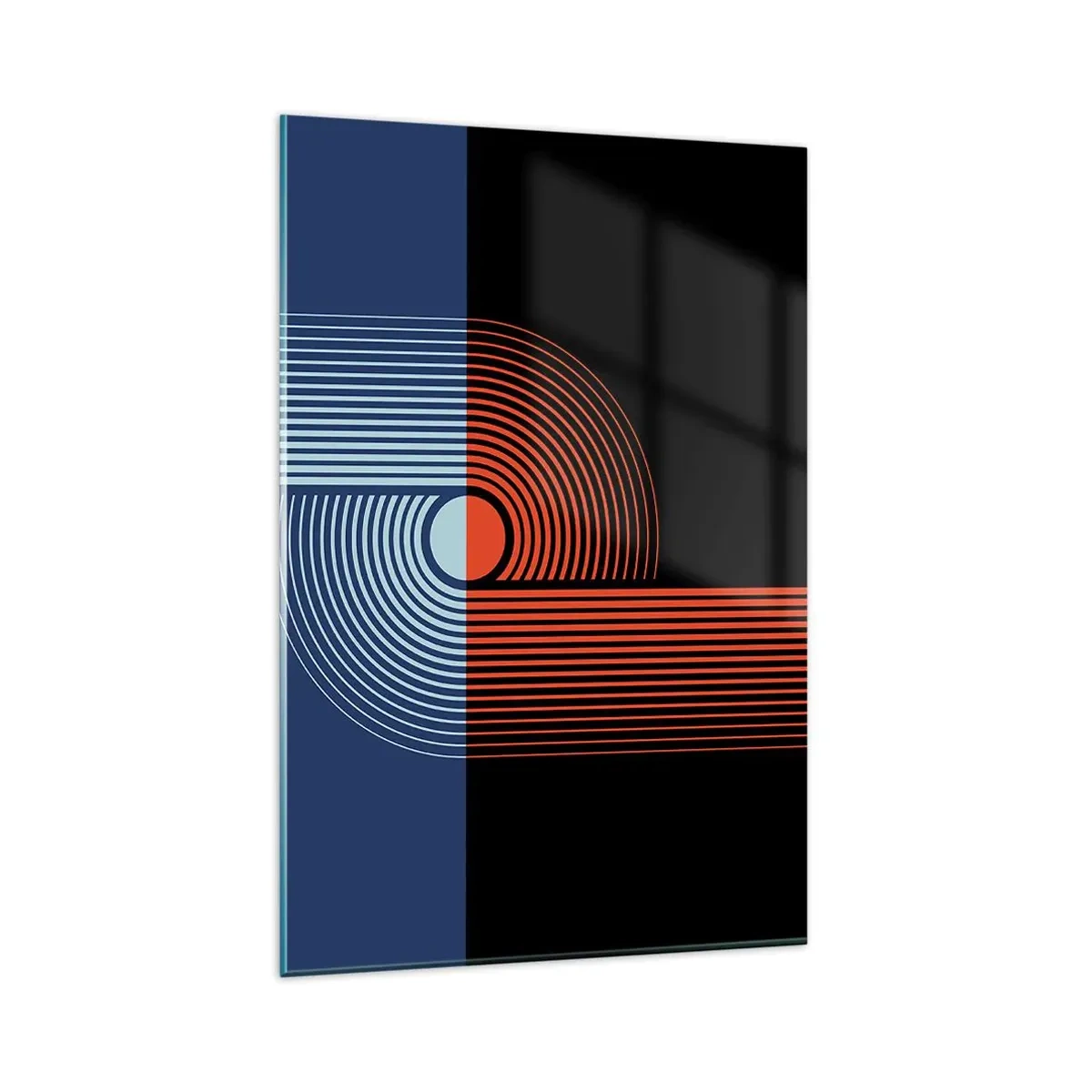 Obraz na szkle - Geometryczna abstrakcja z liniami w kolorach granatu i pomarańczu - 80x120cm - W geometrycznym uścisku - Nowoczesna dekoracja ścienna do salonu i sypialni ARTTOR