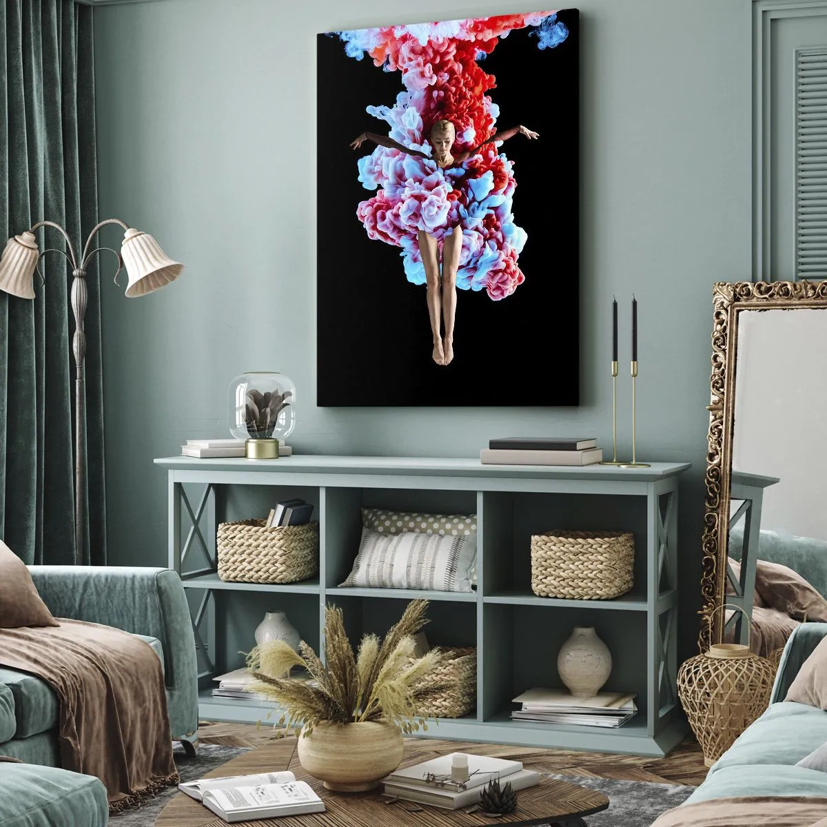 Obraz na płótnie - Tancerka otoczona kolorowym dymem na czarnym tle - 70x100cm - W pełnym rozkwicie - Nowoczesna dekoracja ścienna do salonu i sypialni ARTTOR