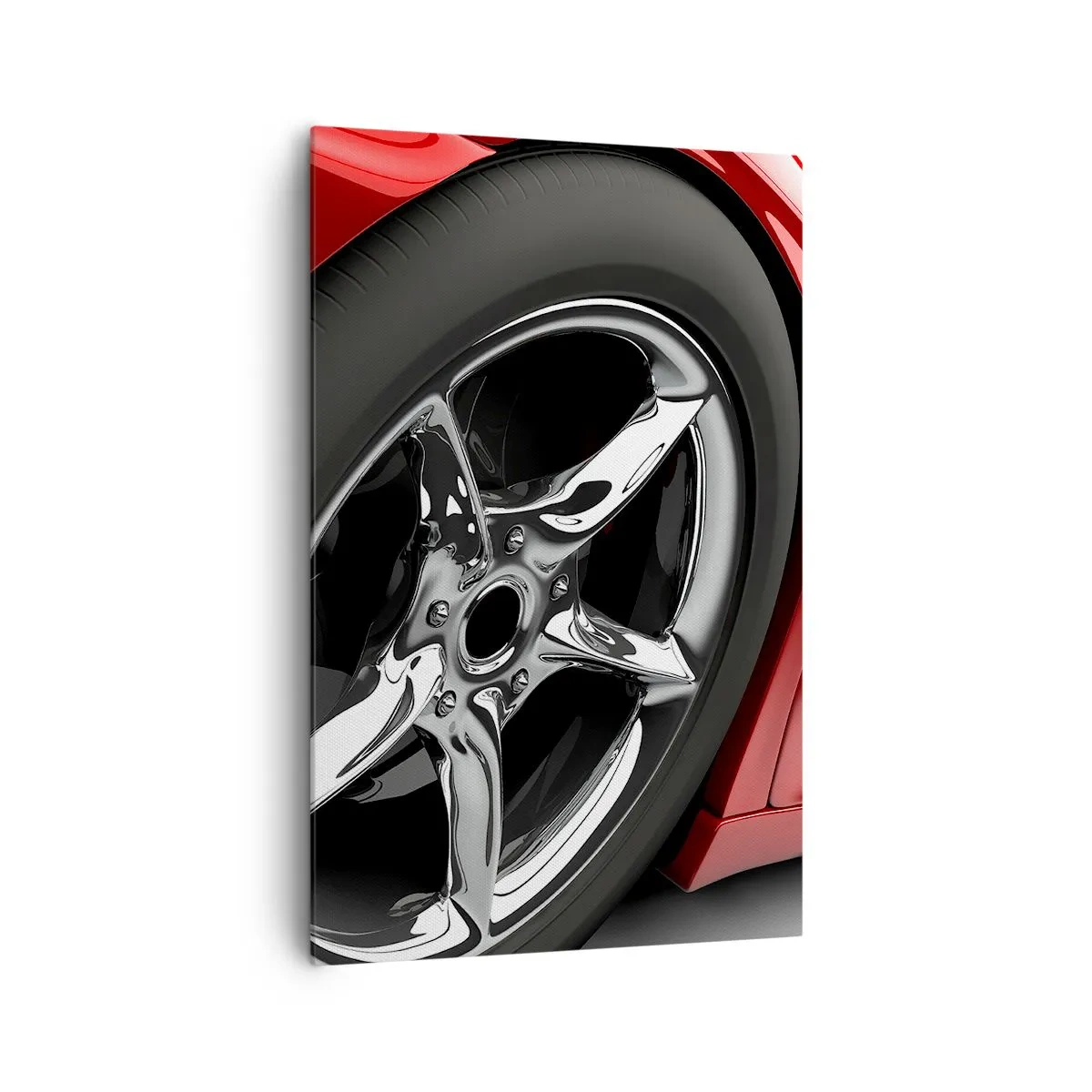 Obraz na płótnie - Czerwony sportowy samochód z chromowanym kołem - 80x120cm - Stworzony do szybkości - Nowoczesna dekoracja ścienna do salonu i sypialni ARTTOR