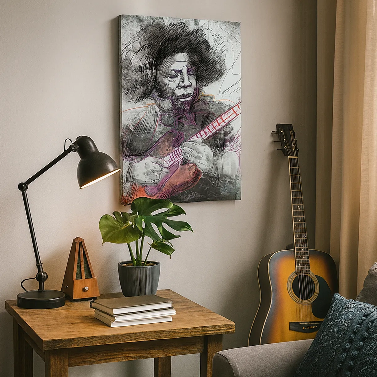 Obraz na płótnie - Artystyczny portret gitarzysty w ekspresyjnej kresce - 50x70cm - Na falach muzyki - Nowoczesna dekoracja ścienna do salonu, kuchni i sypialni ARTTOR