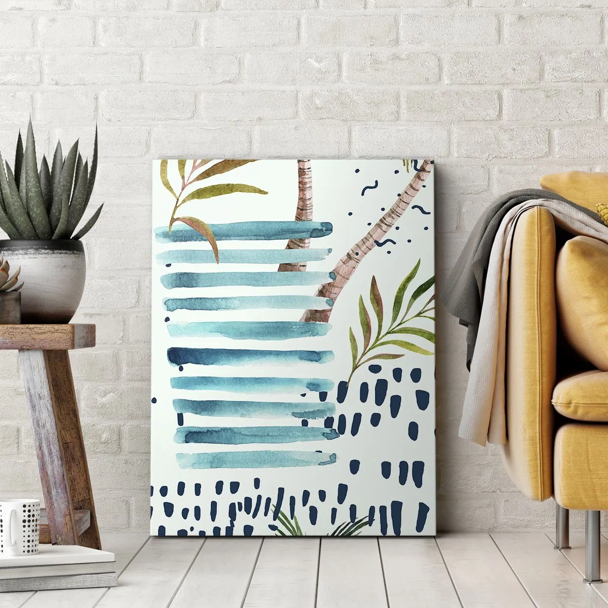 Obraz na płótnie - Abstrakcyjny wzór z palmami i akcentami marynistycznymi - 80x120cm - Wakacje pod palmami - Nowoczesna dekoracja ścienna do salonu i sypialni ARTTOR