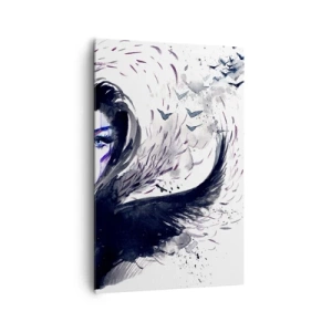 Obraz na płótnie - Abstrakcyjna twarz z kontrastowymi elementami i motywem skrzydeł - 80x120cm - Demoniczna i piękna - Nowoczesna dekoracja ścienna do salonu i sypialni ARTTOR