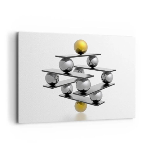 Obraz na płótnie - Geometryczna kompozycja z metalowymi kulami i złotym akcentem - 100x70cm - Złoto-srebrna równowaga - Nowoczesna dekoracja ścienna do salonu, kuchni i sypialni ARTTOR