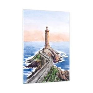 Obraz na szkle - Latarnia morska na skalistym cyplu otoczona spokojnym morzem - 50x70cm - Zwrócona ku morzu - Nowoczesna dekoracja ścienna do salonu, kuchni i sypialni ARTTOR