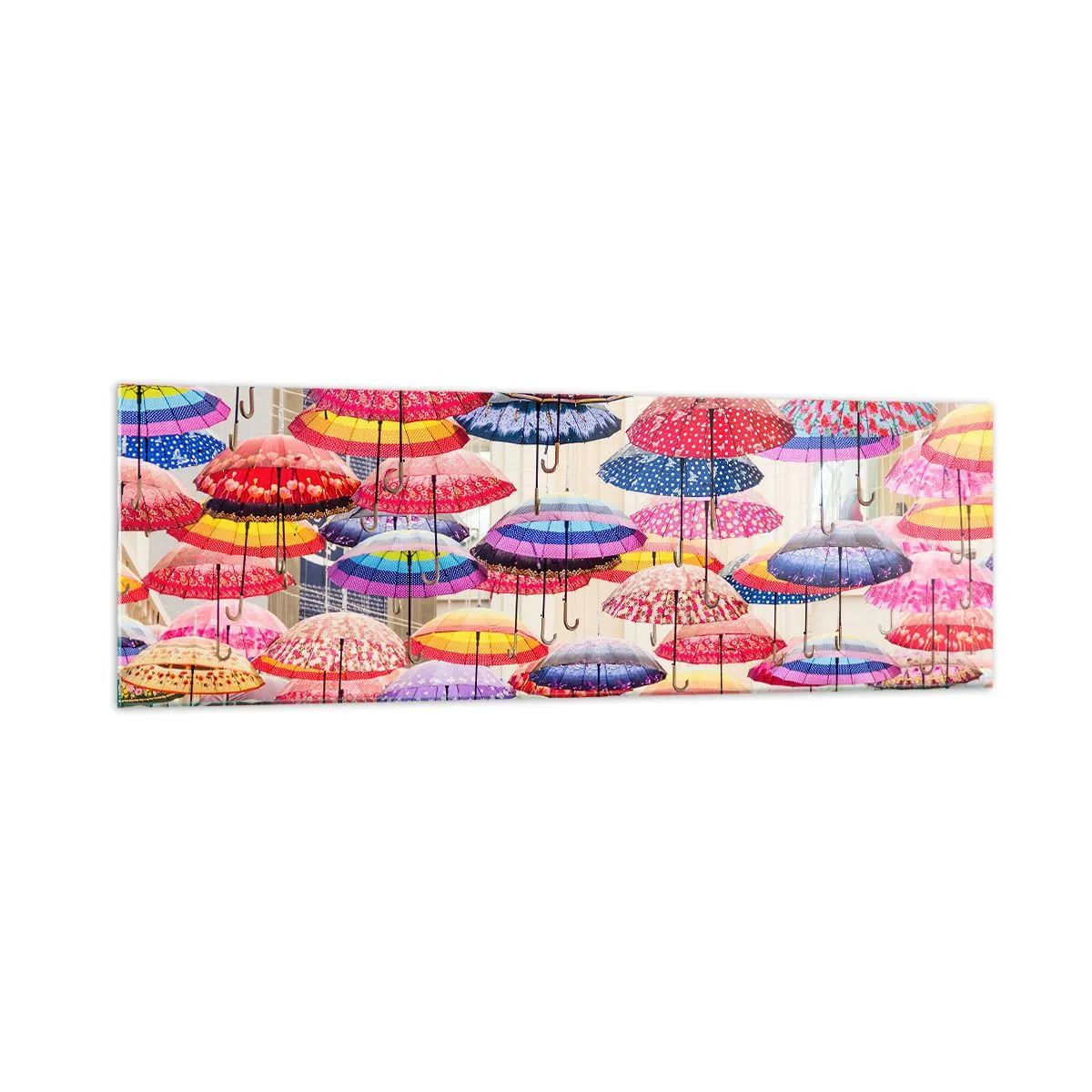 Obraz na szkle - Kolorowe parasole zawieszone w powietrzu - 160x50cm - Miejska łąka - Nowoczesna dekoracja ścienna do salonu i sypialni ARTTOR