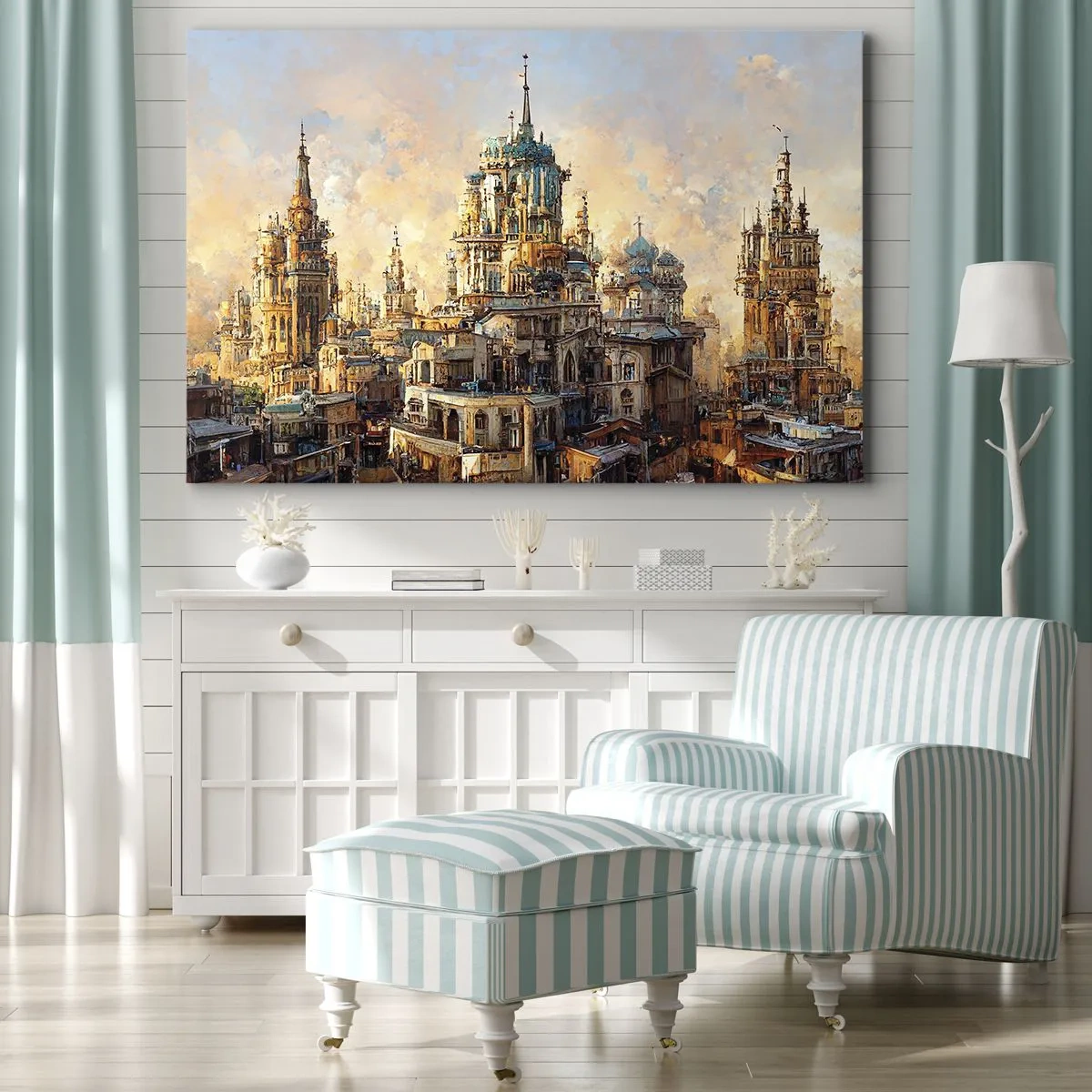 Obraz na płótnie - Architektoniczne wieże w promieniach zachodzącego słońca - 70x50cm - Miasto miast - Nowoczesna dekoracja ścienna do salonu i sypialni ARTTOR