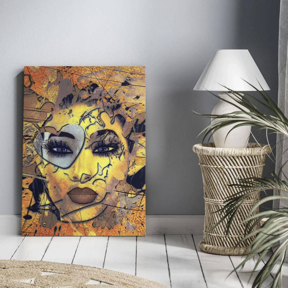 Obraz na płótnie - Abstrakcyjny portret kobiety w żółtych tonacjach - 50x70cm - Słoneczna piękność - Nowoczesna dekoracja ścienna do salonu, kuchni i sypialni ARTTOR