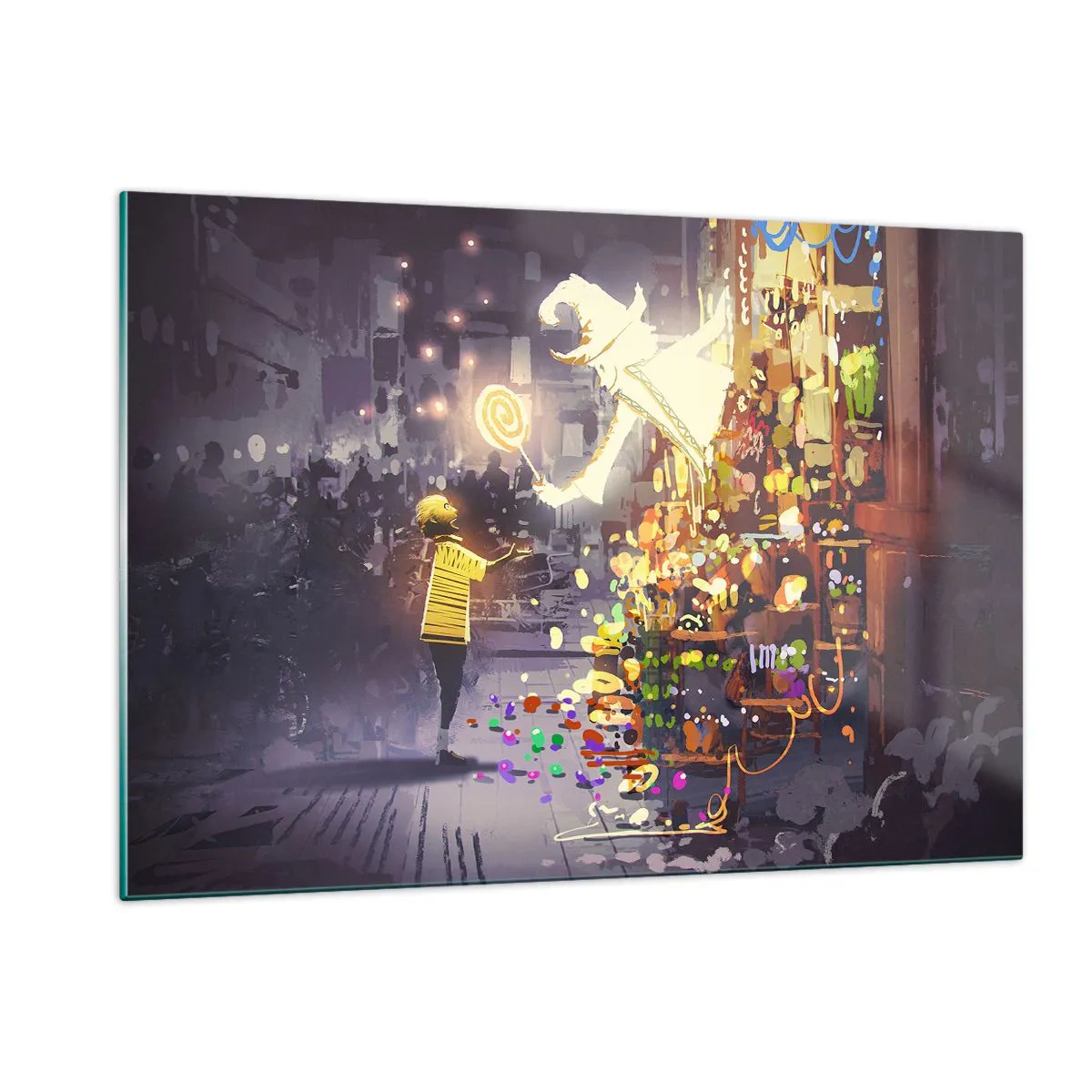Obraz na szkle - Dziecko w jasnej koszulce przy świetlistym stoisku pełnym kolorowych słodyczy - 120x80cm - Czary istnieją - Nowoczesna dekoracja ścienna do salonu, kuchni i sypialni ARTTOR