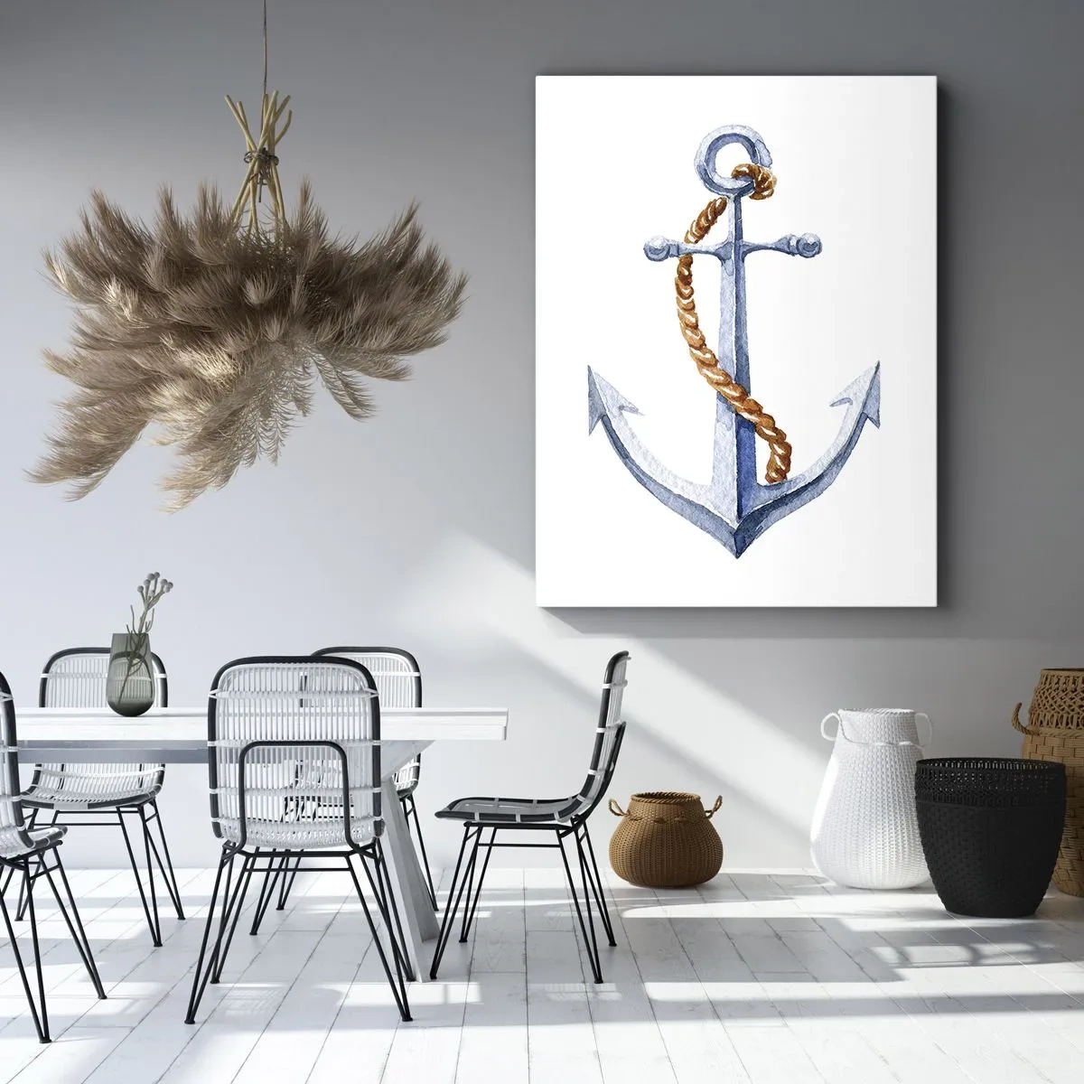 Obraz na płótnie - Akwarelna ilustracja kotwicy z liną na białym tle - 50x70cm - Ahoj przygodo! - Nowoczesna dekoracja ścienna do salonu, kuchni i sypialni ARTTOR