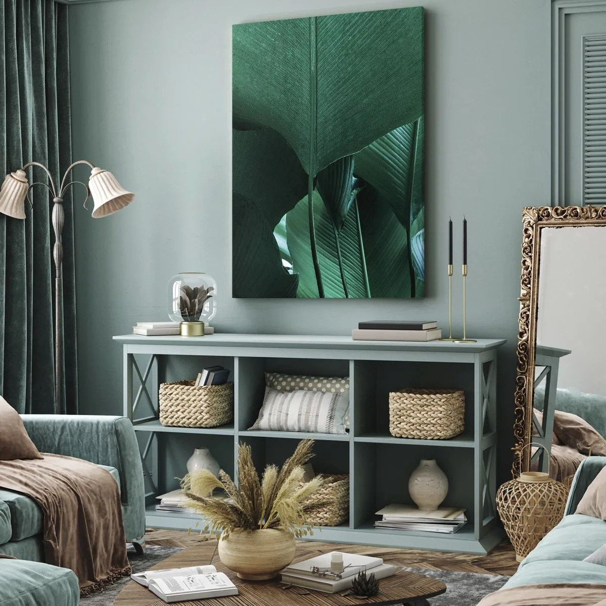 Obraz na płótnie - Zielone liście roślin tropikalnych w zbliżeniu - 50x70cm - Zwrócone do światła - Nowoczesna dekoracja ścienna do salonu, kuchni i sypialni ARTTOR