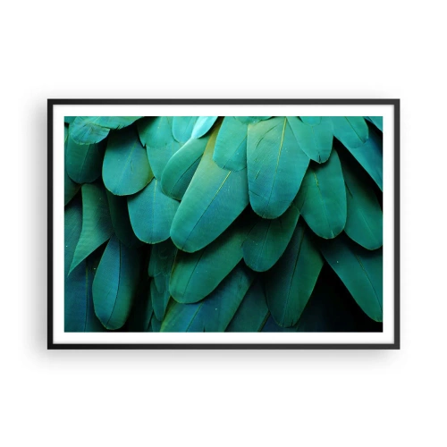 Plakat w czarnej ramie - Detal piór w odcieniach zieleni - 100x70cm - Precyzja papuziej natury - Nowoczesna dekoracja ścienna do salonu i sypialni ARTTOR