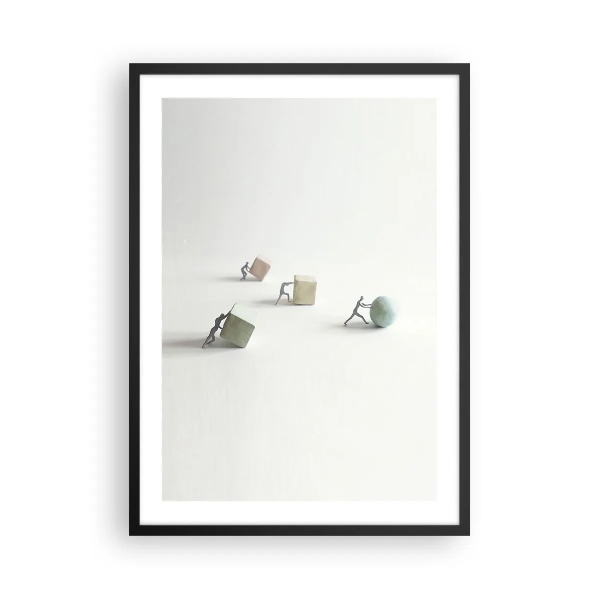 Plakat w czarnej ramie - Miniaturowe figurki pchające różnokolorowe geometryczne kształty - 50x70cm - Samo życie - Nowoczesna dekoracja ścienna do salonu i sypialni ARTTOR