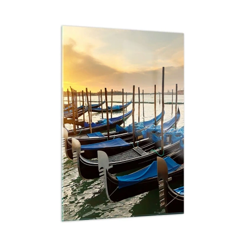Obraz na szkle - Gondole w Wenecji o zachodzie słońca - 50x70cm - Zanim przypłynie gwar - Nowoczesna dekoracja ścienna do salonu, kuchni i sypialni ARTTOR