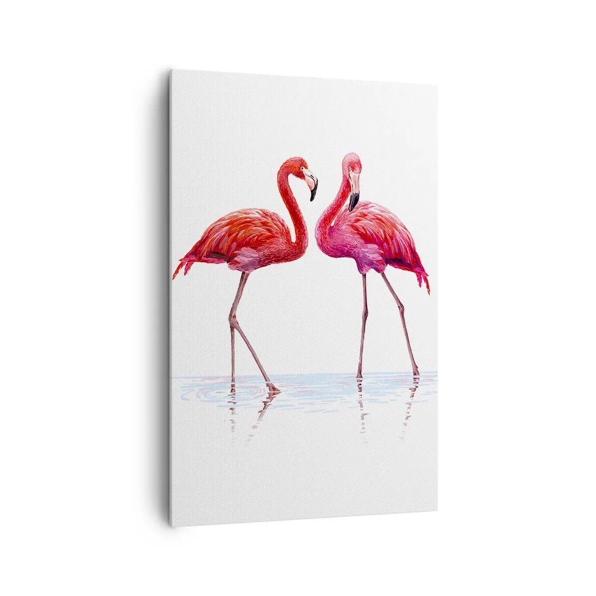 Obraz na płótnie - Para flamingów w wodzie na jasnym tle - 80x120cm - Różowe randez-vous - Nowoczesna dekoracja ścienna do salonu i sypialni ARTTOR