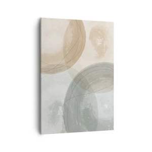 Obraz na płótnie - Abstrakcyjne okręgi w pastelowych odcieniach beżu i zieleni - 50x70cm - Przenikanie światów - Nowoczesna dekoracja ścienna do salonu, kuchni i sypialni ARTTOR